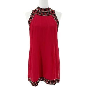 NBD Red Floral Black Gold Beaded Halter Cocktail Mini Dress Size Large